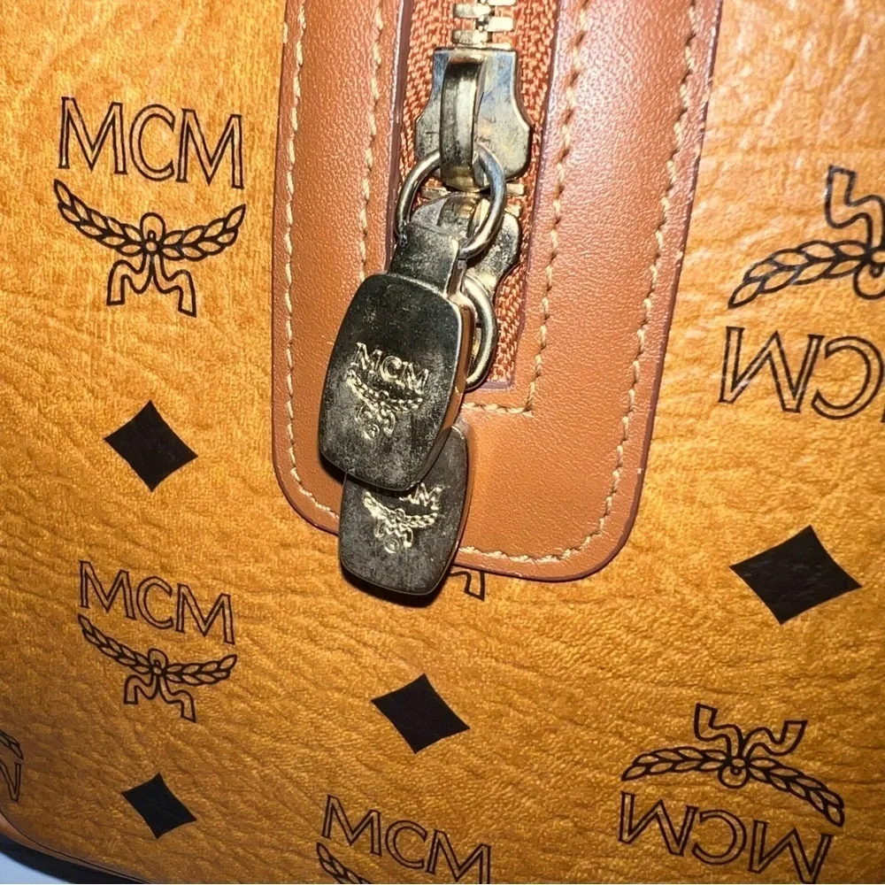 MCM Vintage Cognac Visetos Monogram Boston Satchel Bag with Gold Logo Plate